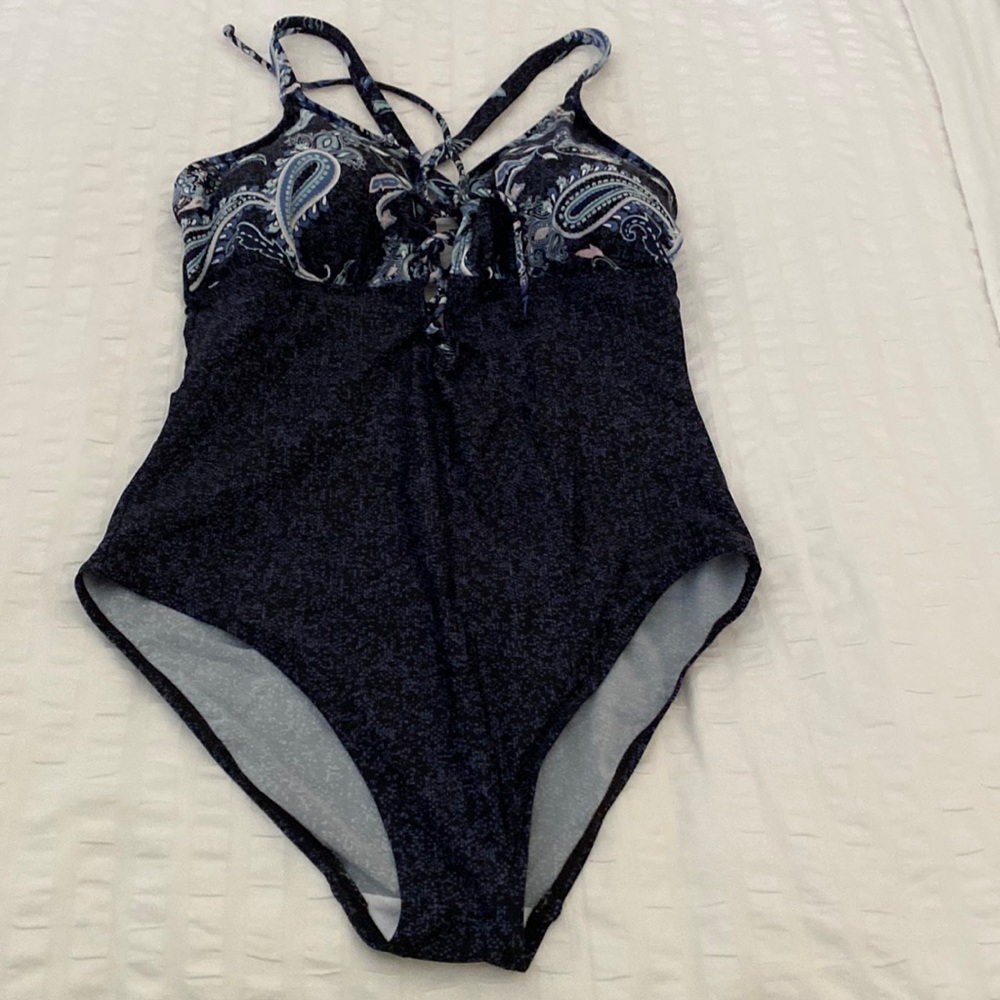 One piece swimsuit black and blue with padded cups and cross straps